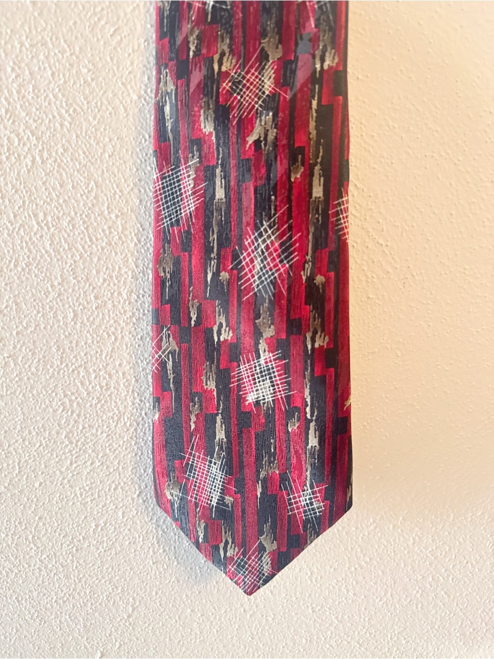 Red Black Gray Abstract Print Necktie Polyester Geometric Classic Mens Tie - Picture 3 of 7